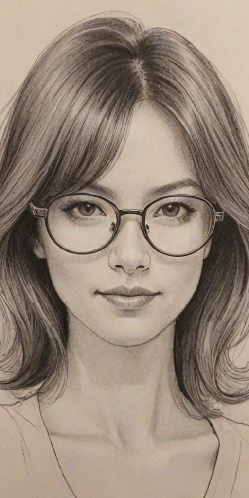 Wonderful Camille Chen, pencil sketch, portrait of Ravishing woman 1973s in glasses, hair style beatnik, outline, clear lines, fine lines, 8k