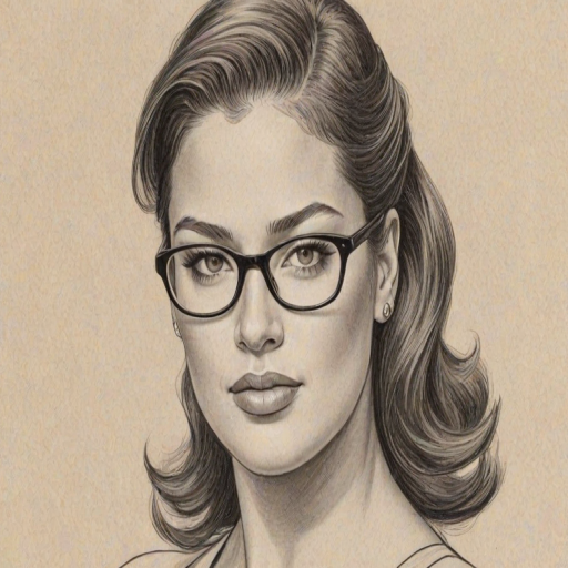 Appealing Ashley Graham, pencil sketch, portrait of Ravishing woman 1946s in glasses, hair style beatnik, outline, clear lines, fine lines, 8k