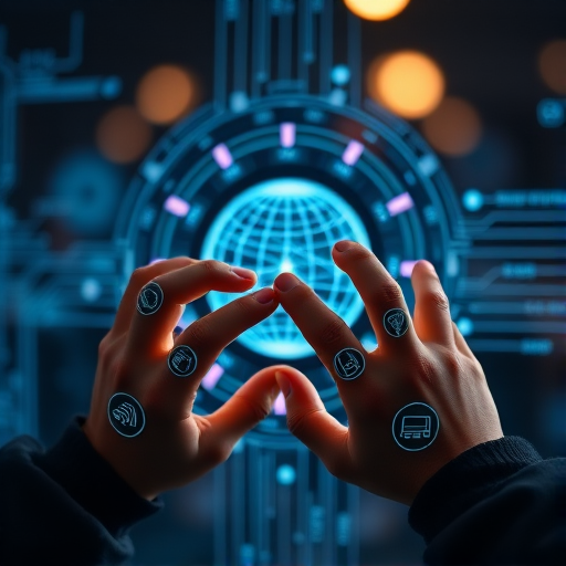 Generate an image of two hands interacting with a digital interface, featuring circuit patterns and a spherical data visualization, shot with a Canon EOS R5 at f/2.8, 1/125s, ISO 100, in a medium close-up shot with a shallow depth of field and soft bokeh background.