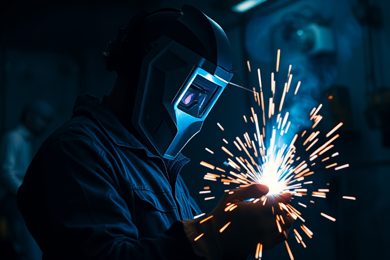 Create an industrial scene of a welder in a dark workshop, wearing a protective helmet and surrounded by bright, glowing sparks and a blue light effect, captured with a Canon EOS R6, 50mm lens, f/2.8 aperture, ISO 400, at a shutter speed of 1/125s, using a shallow depth of field to emphasize the welder and blur the background for added focus.