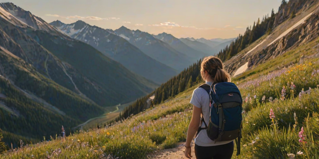 Sunlit mountain valley, with wildflowers blooming in the foreground, a woman hikes along a narrow trail, her backpack slung over her shoulder as she takes in the breathtaking view.
