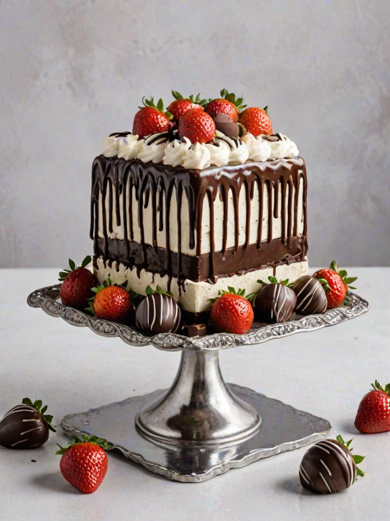 Generate an image of a square cake with smooth white frosting and a glossy dark chocolate ganache dripping down the sides. The top is adorned with an assortment of chocolate-covered strawberries and decorative chocolate truffles. The cake is displayed on an ornate metal cake stand against a textured white background.