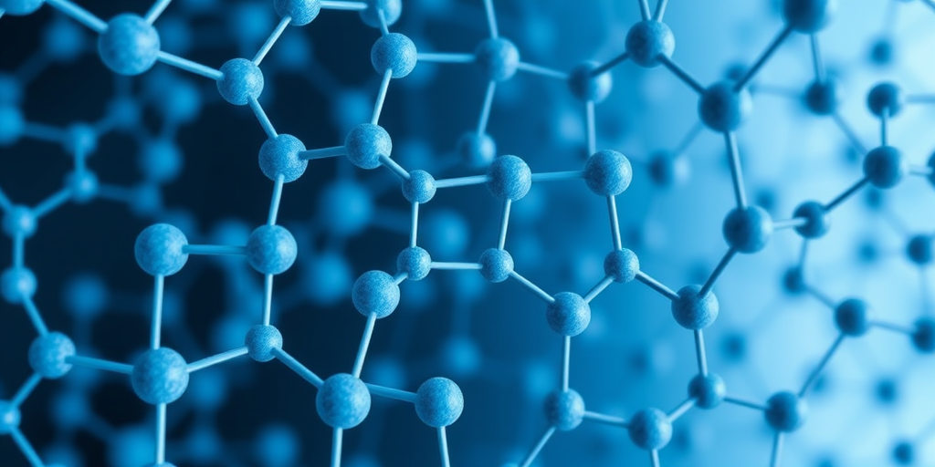 Regenerate an abstract molecular structure image with interconnected hexagons and circles in varying shades of blue; use a Canon EOS R5 camera, 50mm lens, aperture f/8, ISO 100, natural lighting, top-down view for enhanced clarity and quality.