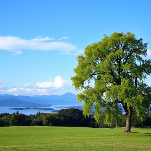 Create a serene landscape featuring a large green tree on the right, a tranquil lake in the foreground, distant mountains in the background, and soft clouds in a blue sky; use a DSLR camera with a 50mm lens, aperture set to f/8, ISO 100, and a wide-angle view to enhance image clarity and depth.