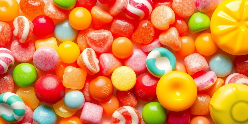 Create a vibrant, high-resolution illustration of various types of candies, using a flat lay perspective with soft lighting to enhance colors, employing a DSLR camera with a 50mm lens, aperture set to f/2.8 for a shallow depth of field, and ISO 100 for clarity.