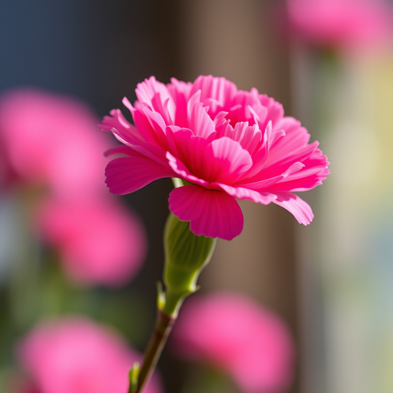 high-resolution image of a single pink carnation flower on a stem, captured with a DSLR camera, f/2.8 aperture, 50mm lens, natural lighting, macro view, soft focus background