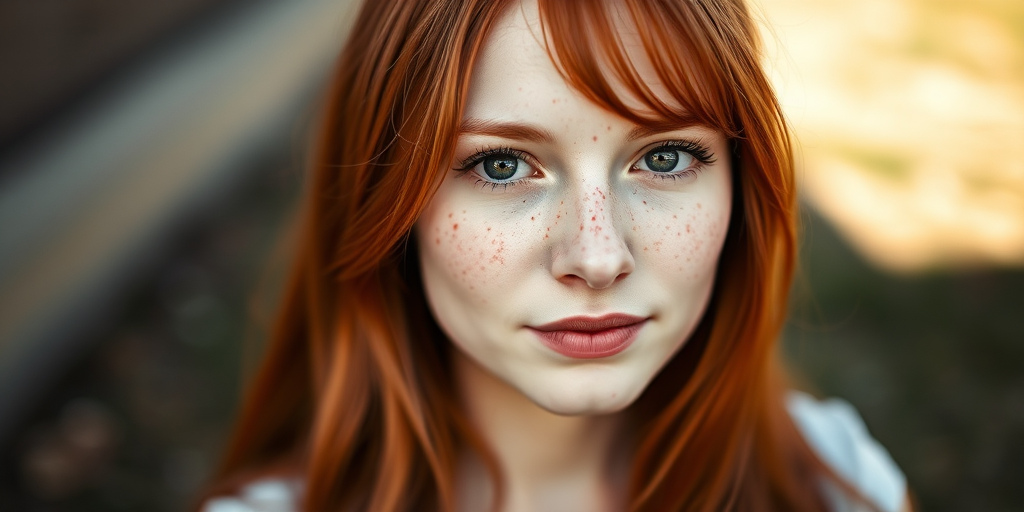 portrait of a young woman with long red hair and freckles, soft focus, natural light, shallow depth of field, 50mm lens, f/1.8, ISO 100, shot at eye level, taken with a DSLR camera in outdoor setting