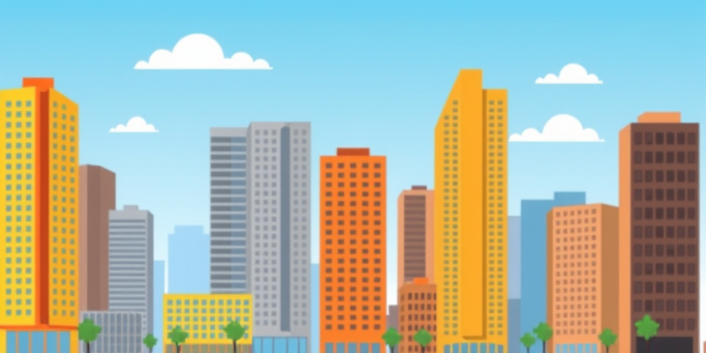 Create a vibrant cityscape illustration featuring tall buildings in various colors like yellow, gray, orange, and brown, with a clear blue sky background and a few stylized clouds, using a wide-angle lens, f/8 aperture, ISO 100, 24mm focal length, soft focus style, digital illustration.
