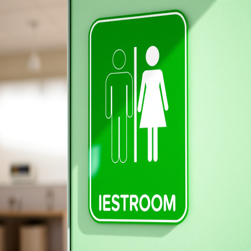 create a restroom sign featuring a simplified design of a male and female silhouette, green background, shot with a DSLR camera at f/8 aperture, ISO 200, 50mm lens, standard view, natural lighting to enhance clarity and quality