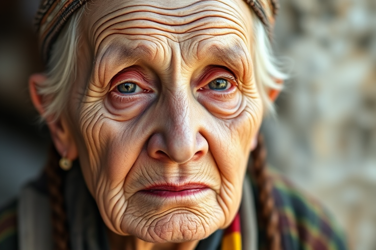 portrait of an elderly woman with deep wrinkles and braided hair, soft natural lighting, 85mm lens, aperture f/1.8, ISO 200, captured at eye level, vintage photograph style, DSLR camera