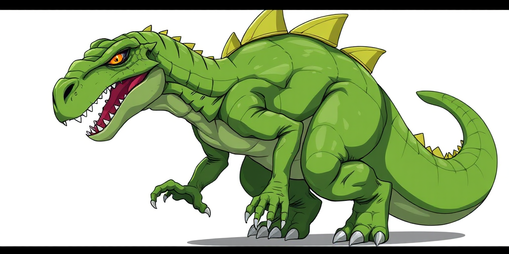 Create an illustration of a green, scaly dinosaur-like creature with a muscular build and bright orange eyes, in a dynamic pose, using a high-resolution digital art style; camera settings: 50mm lens, f/8 aperture, ISO 100, shutter speed 1/200s; camera view: side angle; camera type: DSLR.