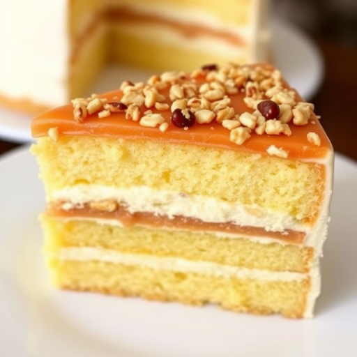 Slice of cake with layers of yellow sponge cake and creamy filling topped with a crunchy caramelized layer and sprinkled with nuts on a white plate.
