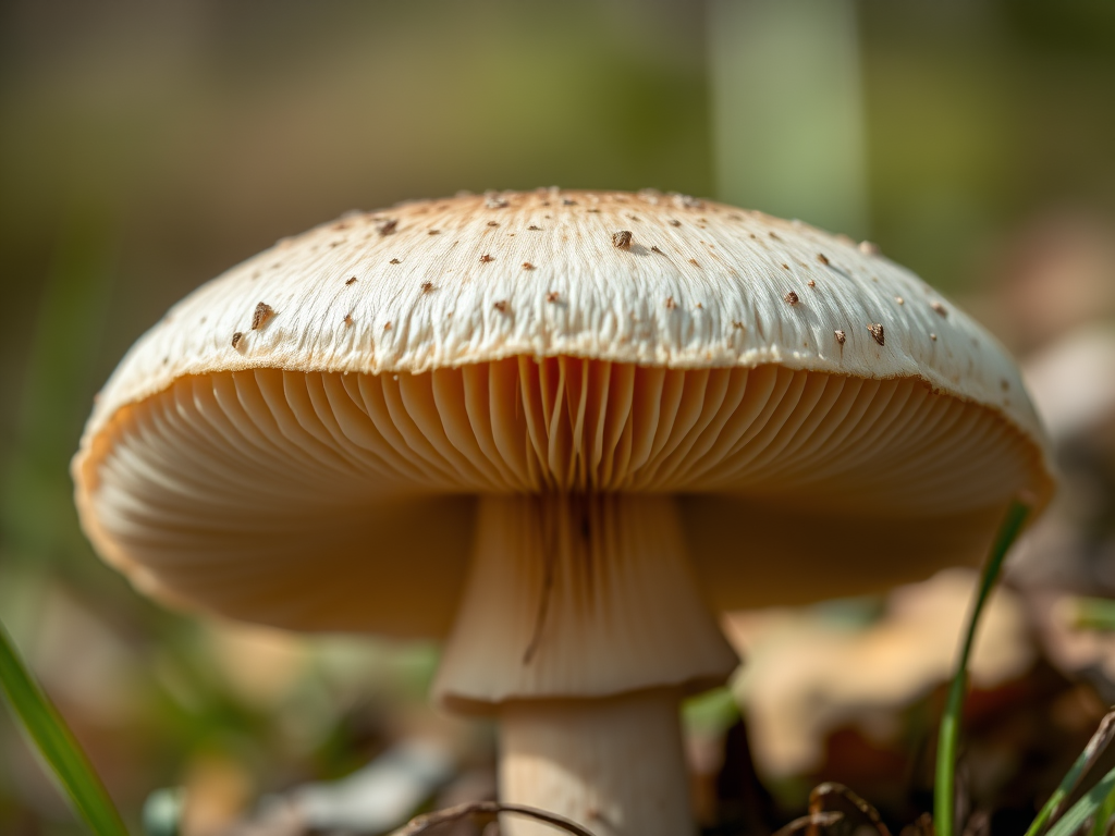 Create a highly detailed illustration of a mushroom with a focus on intricate gills and texture, using a macro lens setting with an aperture of f/2.8, a focal length of 100mm, and a soft focus background, captured in natural light to enhance color vibrancy and detail.