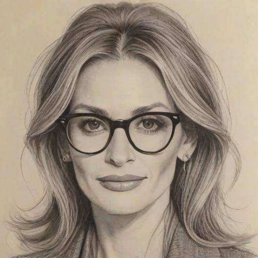 Graceful Julia Roberts, pencil sketch, portrait of Stunning woman 1970s in glasses, hair style beatnik, outline, clear lines, fine lines, 8k