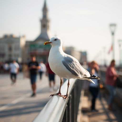 Seagull perched on a railing with a blurred background of people and buildings, sunny day, soft focus, 50mm lens, aperture f/2.8, ISO 200, shutter speed 1/200s, DSLR camera, natural light.