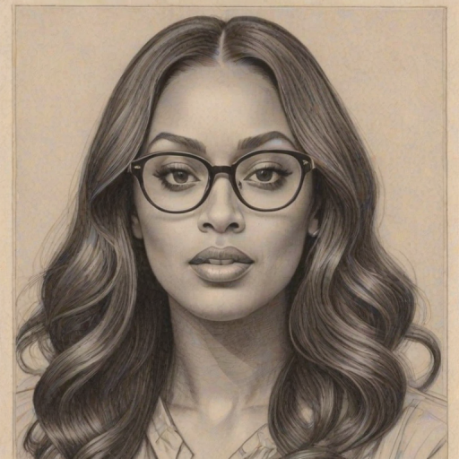 Lovely La La Anthony, pencil sketch, portrait of Resplendent woman 1924s in glasses, hair style beatnik, outline, clear lines, fine lines, 8k