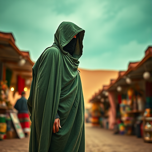 A hooded figure in a flowing green cloak standing in a bustling desert market, with vibrant colors and a dramatic green sky, captured with a Canon EOS R5, 24mm lens, f/1.8 aperture, ISO 100, soft focus, high dynamic range, low angle view.