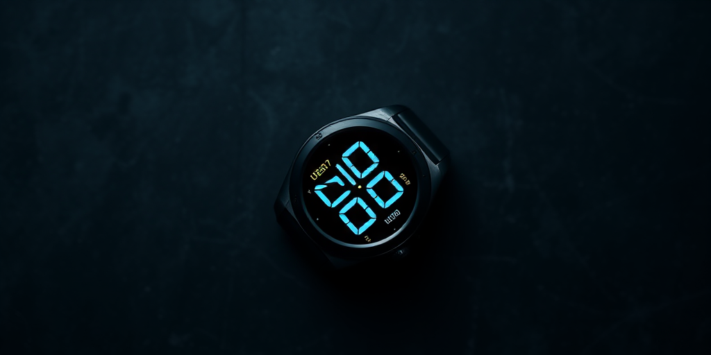 black smartwatch with glowing digital display on a textured dark background, shot with a DSLR camera, 50mm lens, aperture f/2.8, ISO 100, shutter speed 1/60s, top-down view, natural lighting