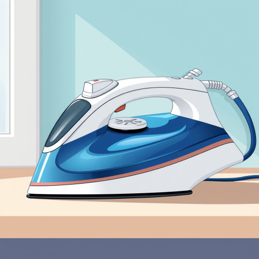Create a high-resolution illustration of a modern steam iron with a sleek design featuring a blue body and white accents, use a 50mm lens, f/4 aperture, ISO 100, and shoot in natural light from a slightly elevated angle to enhance details and colors.