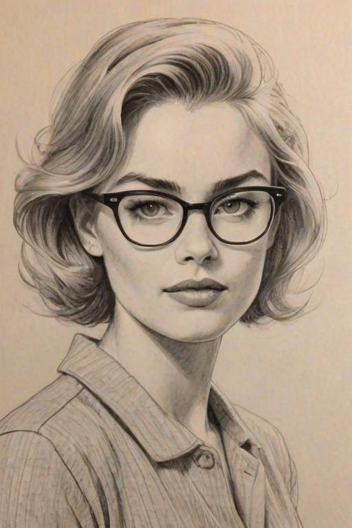 Comely Virginia Gardner, pencil sketch, portrait of Fetching woman 1958s in glasses, hair style beatnik, outline, clear lines, fine lines, 8k