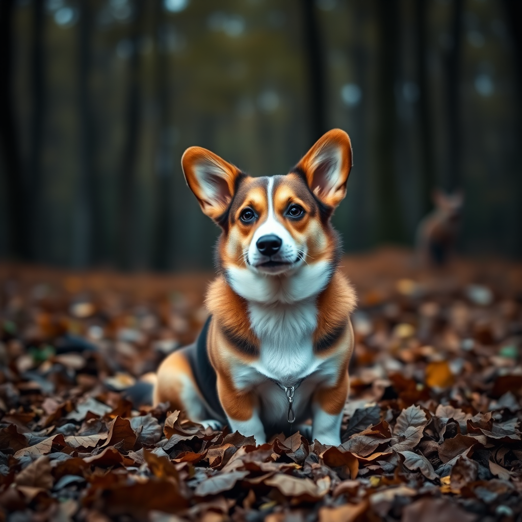 a cute corgi dog sitting on a pile of leaves in a dimly lit forest with blurred background, aperture f/2.8, shutter speed 1/200 sec, ISO 200, 50mm lens, portrait view, DSLR camera