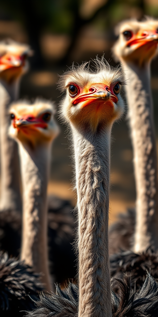 capture a close-up of a group of ostriches with sharp details and vibrant colors using a 50mm lens at f/2.8, ISO 100, with natural lighting in a wide-angle perspective, shot on a digital SLR camera