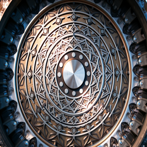 Create a high-resolution circular metallic abstract design with intricate geometric patterns, shot with a DSLR camera at f/8 aperture, 50mm lens, ISO 100, top-down view, using soft natural lighting to enhance reflections and texture.