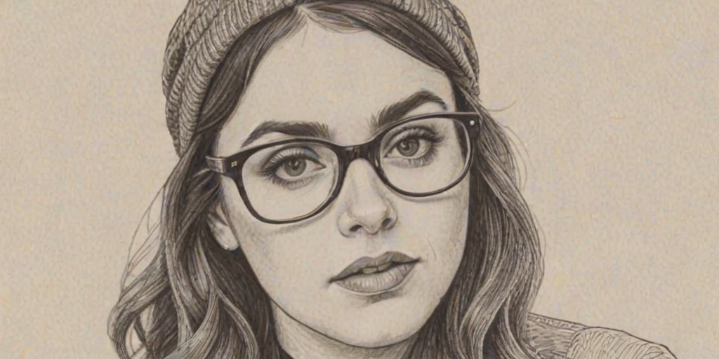 Delightful Beanie Feldstein, pencil sketch, portrait of Captivating woman 1924s in glasses, hair style beatnik, outline, clear lines, fine lines, 8k