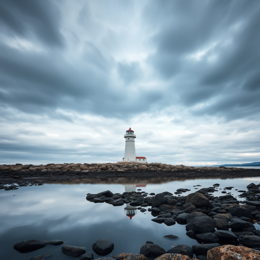 lighthouse on a rocky shore under a moody sky with clouds, capturing reflections in calm water, shot with a Canon EOS R5, 24mm lens, f/8, ISO 100, shutter speed 1/125s, wide-angle view, soft light for enhanced detail