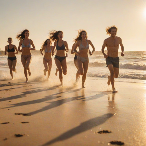 Blurry action shot of a group of friends racing down a sandy beach, soft focus on the waves crashing in the background, golden light from the setting sun casting long shadows.