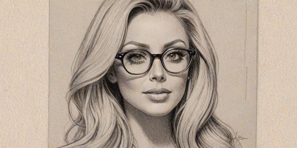 Lovely Aubrey O'Day, pencil sketch, portrait of Superb woman 1959s in glasses, hair style beatnik, outline, clear lines, fine lines, 8k