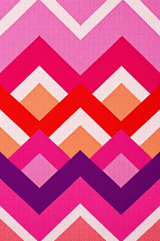 Generate a vibrant chevron pattern with alternating shades of pink, red, purple, and beige in a symmetrical design, captured with a Canon EOS R5, 50mm lens, f/8 aperture, ISO 100, using top-down view for clarity and smooth lighting to enhance color saturation and detail.