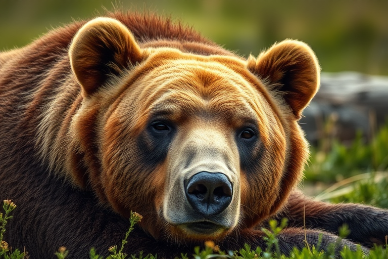 Capture a close-up of a brown bear resting in a natural setting with soft, diffused lighting, camera settings: f/4, ISO 200, 1/200 sec, lens 85mm, view from a low angle, style: high-definition realism, camera type: DSLR.