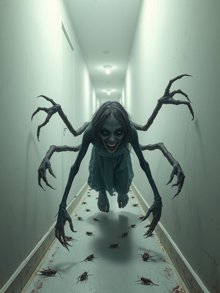 a crooked female with long arms and a creepy smile is crawling along a long white corridor and you can also see cockroaches in it there is a creepy atmosphere creepy art style