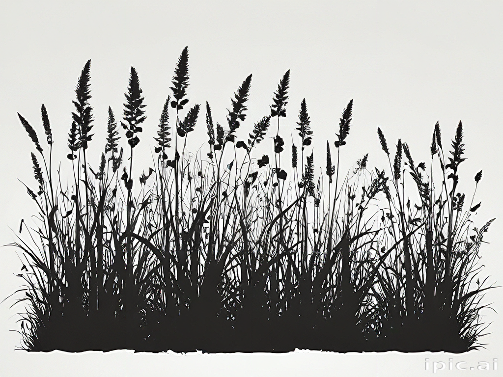 Silhouette of Tall Grass and Wildflowers Against a Light Background