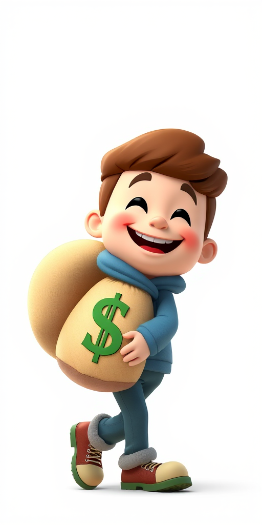 Generate a high-resolution image of a cartoon character happily carrying a large sack of money with a dollar sign, using a DSLR camera with a 50mm lens at f/2.8, ISO 100, shot from a low angle with soft lighting to enhance details and contrast.