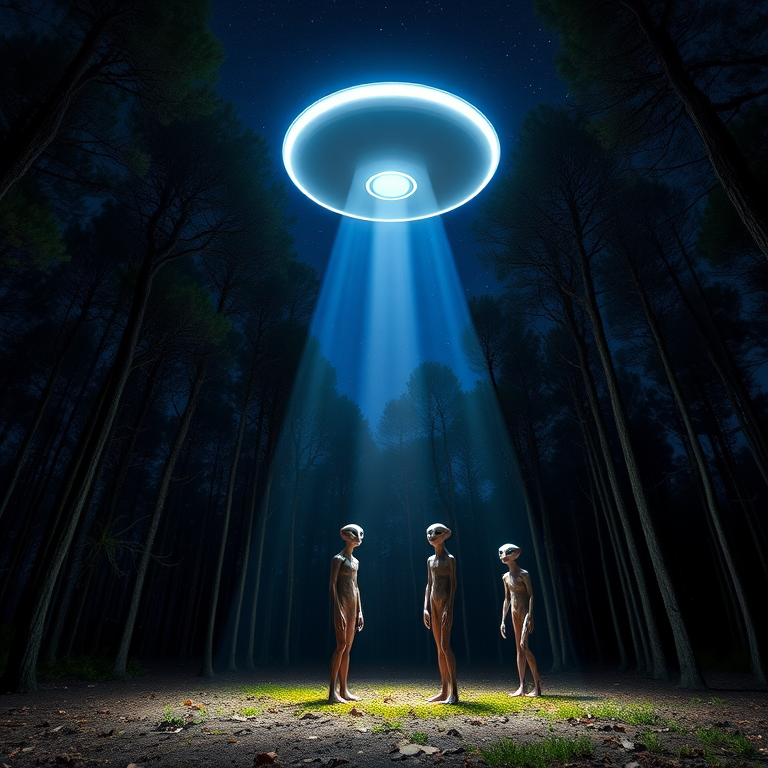 A brightly lit UFO hovering above a group of slender aliens in a forest at night, with beams of light illuminating the ground, high dynamic range photography, ISO 100, f/8, 30 seconds exposure, wide-angle lens, DSLR camera, starry sky background.