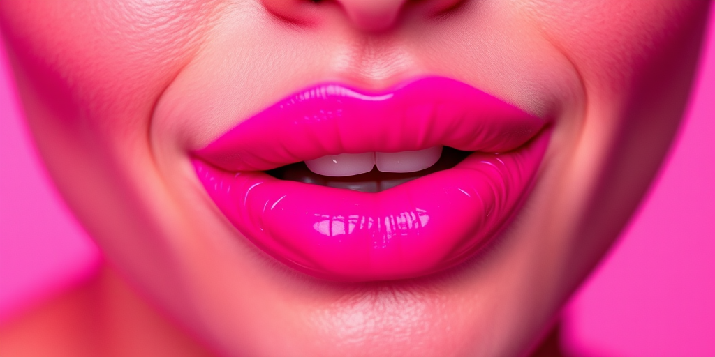 Neon pink lips with an ultra-matte finish, making a bold statement and exuding confidence and playfulness