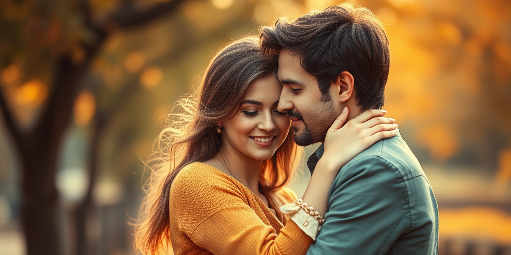vintage romantic couple embracing in a soft-focus setting, warm color palette, 50mm lens, f/2.8 aperture, ISO 100, natural light, cinematic style, shot from eye level, DSLR camera
