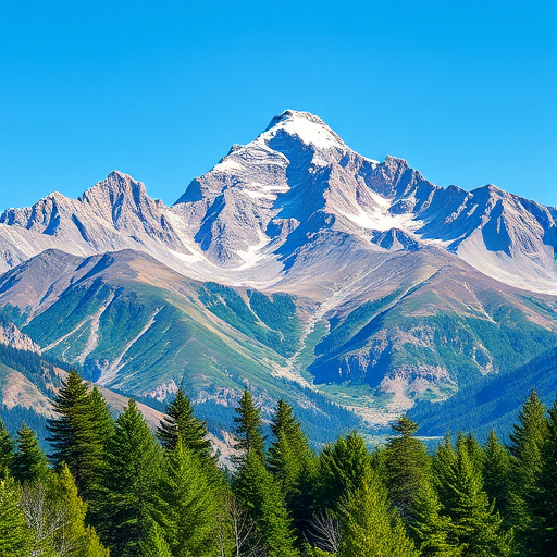 Generate a vibrant and detailed illustration of a majestic mountain range under a clear blue sky, with a foreground of lush green trees, using a DSLR camera at f/8 aperture, ISO 100, 24mm lens, capturing a panoramic view in daylight.