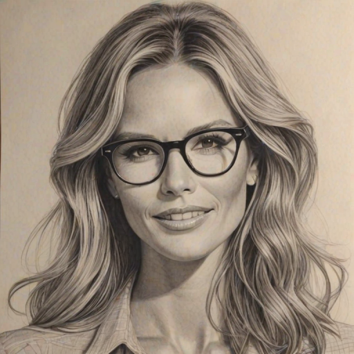 Dazzling Elle Macpherson, pencil sketch, portrait of Alluring woman 1939s in glasses, hair style beatnik, outline, clear lines, fine lines, 8k
