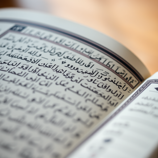 Close-up shot of an open Quran with intricate Arabic calligraphy, soft natural lighting, macro lens, aperture f/2.8, ISO 100, 50mm focal length, focus on text details to enhance clarity.