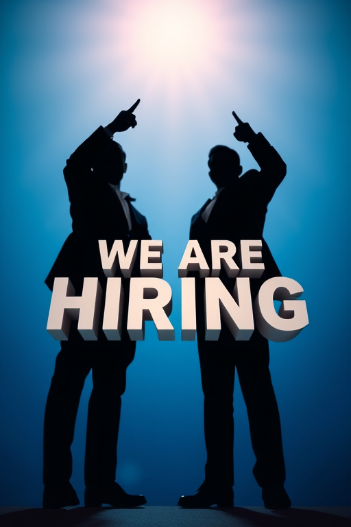 create an image of two silhouetted figures in suits pointing upwards on a gradient blue background with radiant beams, emphasizing the text "WE ARE HIRING" in bold 3D letters, using a DSLR camera, 50mm lens, f/1.8 aperture, ISO 100, shot from a low angle, with a shallow depth of field to enhance the foreground text and blur the background.