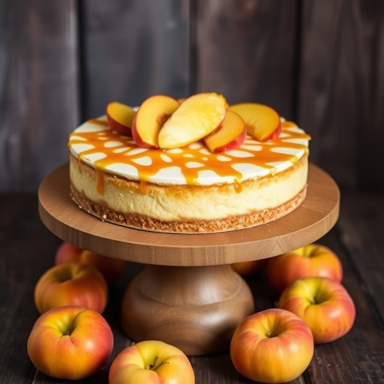 A delicious cheesecake topped with sliced peaches and a caramel drizzle displayed on a wooden cake stand with a rustic background. The cheesecake has a creamy texture, revealing layers of filling and a crumbly crust. Fresh peaches are scattered around the base of the stand, adding a vibrant touch to the scene.
