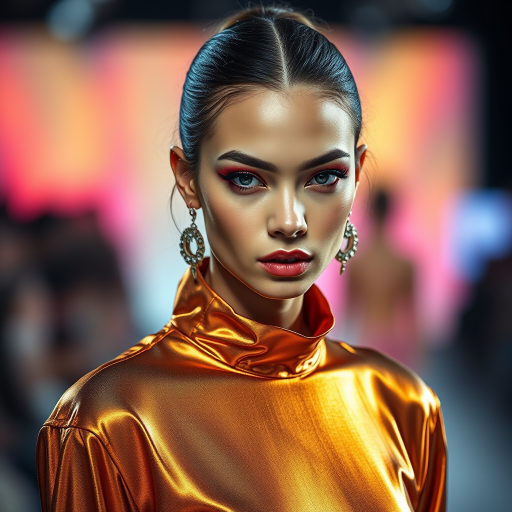 Runway capture, a beautiful model, vibrant colors, metallic textures, high fashion editorial , a 100mm macro lens to get extreme close-ups of intricate details like fabric stitching, accessories, or makeup artistry