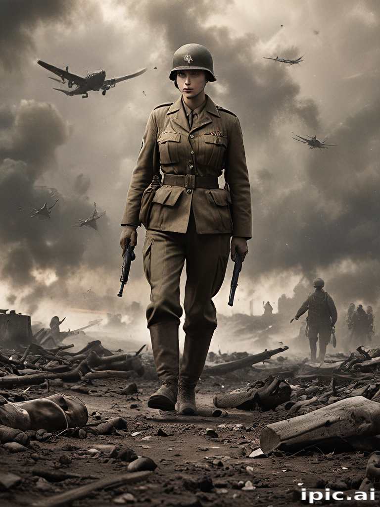 A Brave Soldier Marches Through a War-Torn Battlefield Amidst Chaos.
