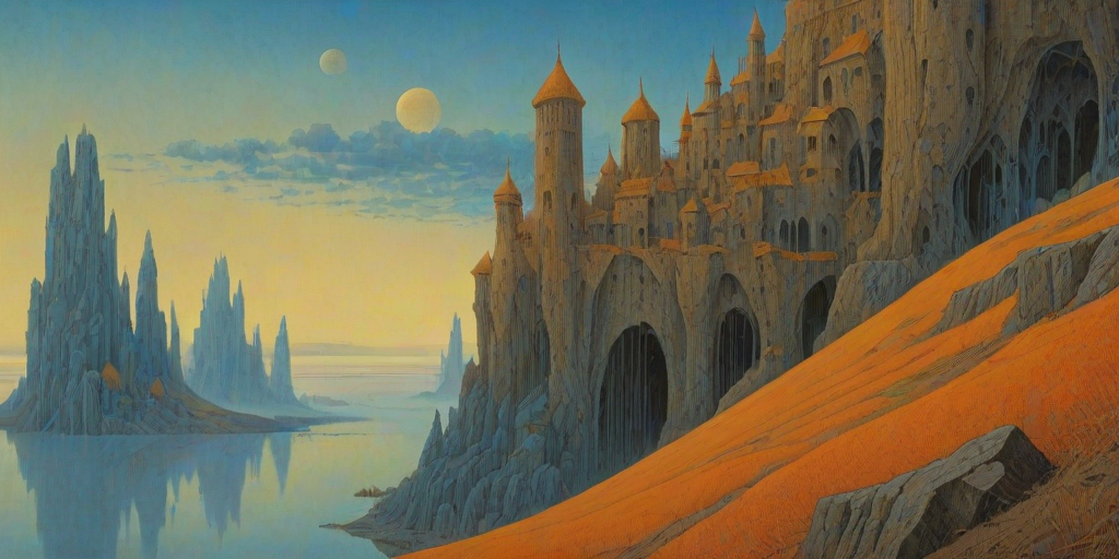 An architecture landscape, Zdzislaw Beksinski style, a bit of blue, orange and yellow colors in it, high detailed beksinski painting, Jacek Yerka, Peter Gric, Hundertwasser