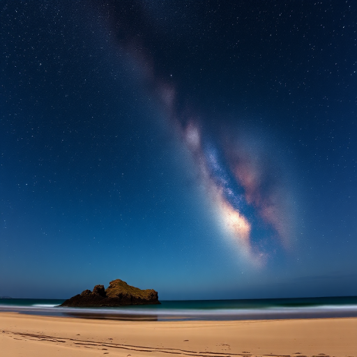 capture a stunning night sky with the Milky Way clearly visible over a serene beach with a sandbar, use a Canon EOS R6 camera with a 24mm f/1.4 lens, ISO 3200, shutter speed 25 seconds, aperture f/2.8, shot from a low angle for a wide view, enhance clarity and colors in post-processing