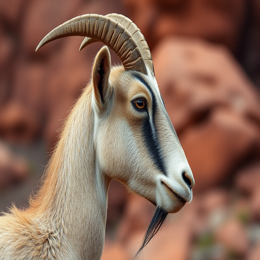 Regenerate a close-up portrait of a mountain goat in profile with a blurred background of red rocks, using a DSLR camera with a 50mm lens set to f/1.8, ISO 200, shutter speed 1/250s, natural soft lighting for enhanced image quality.