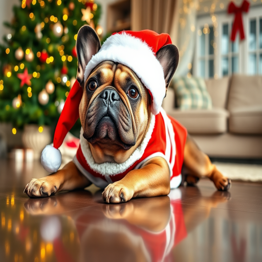 Generate an image of a French Bulldog wearing a festive Santa outfit, lying flat on a shiny floor. The background features a beautifully decorated Christmas tree with twinkling lights, and a cozy living room setting with soft furnishings. The dog's expression should be adorable and relaxed, capturing a playful holiday spirit.